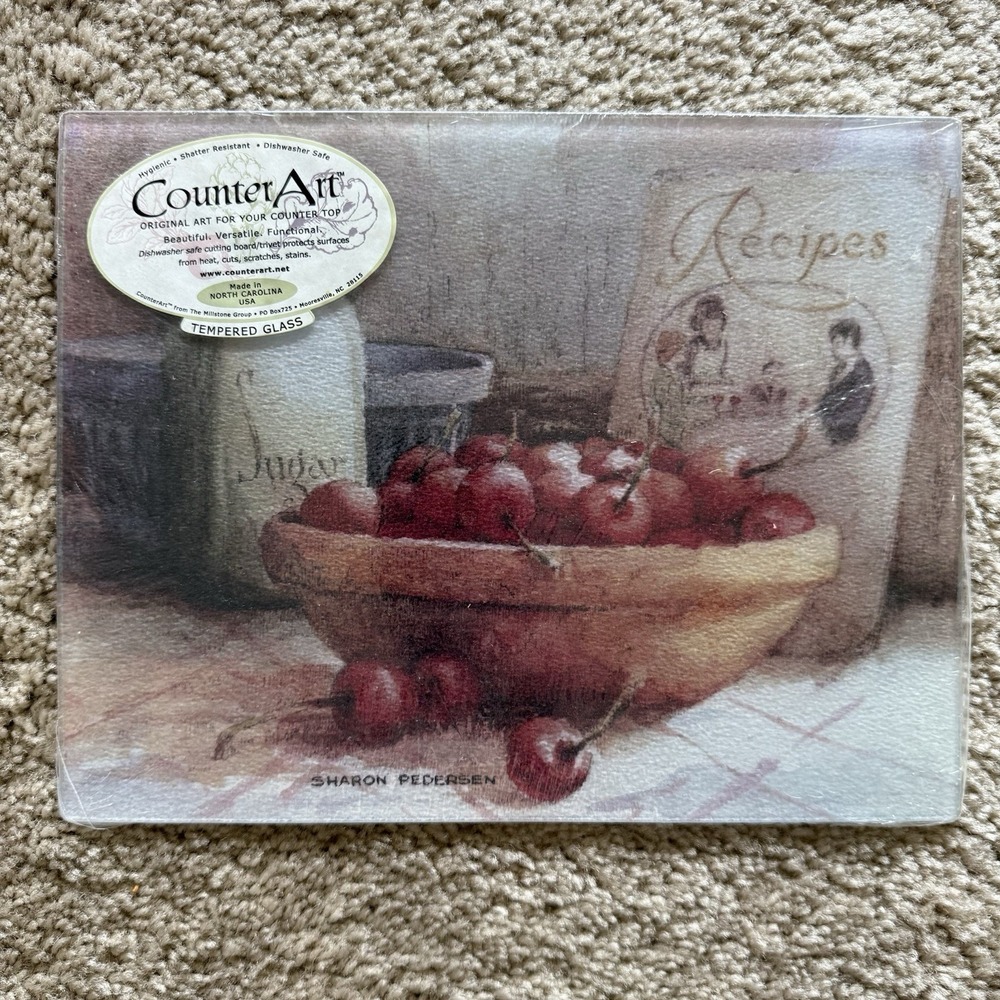 CounterArt Glass Cutting Board Sharon Pedersen Cherry Bowl Rustic Kitchen NOS